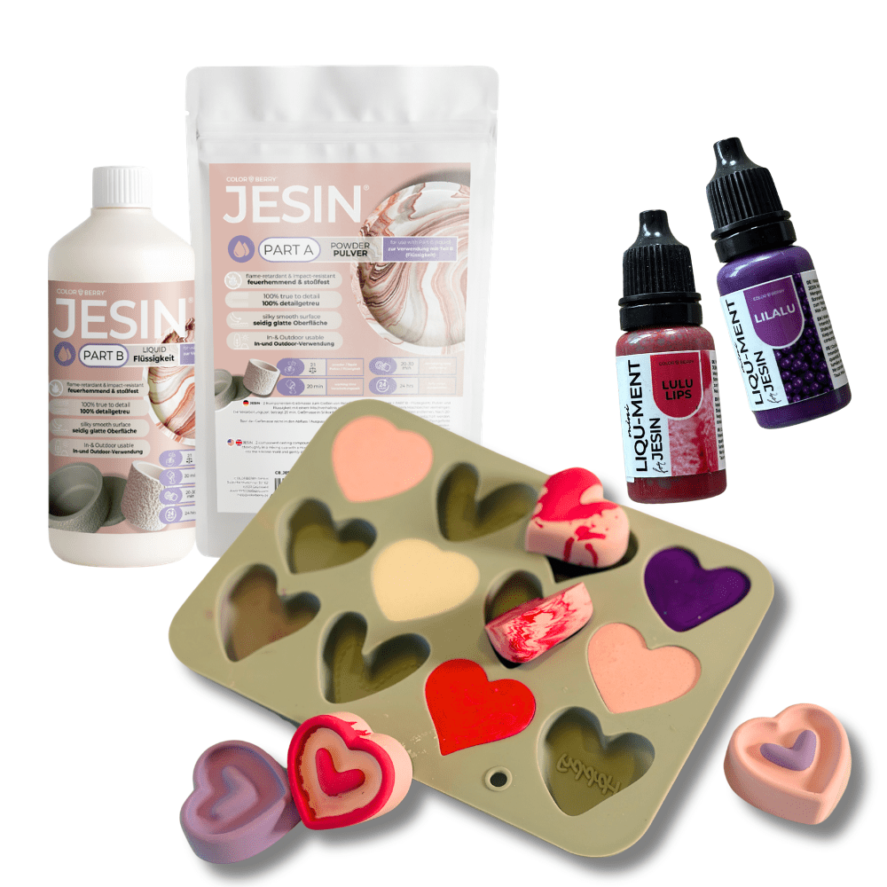 DIY Set JESIN StarterSet Herzen – Silikonform + 750 g Gießmasse JESIN + 2 Farben | Kreativset zum Herzen Gießen - COLORBERRY & JESIN