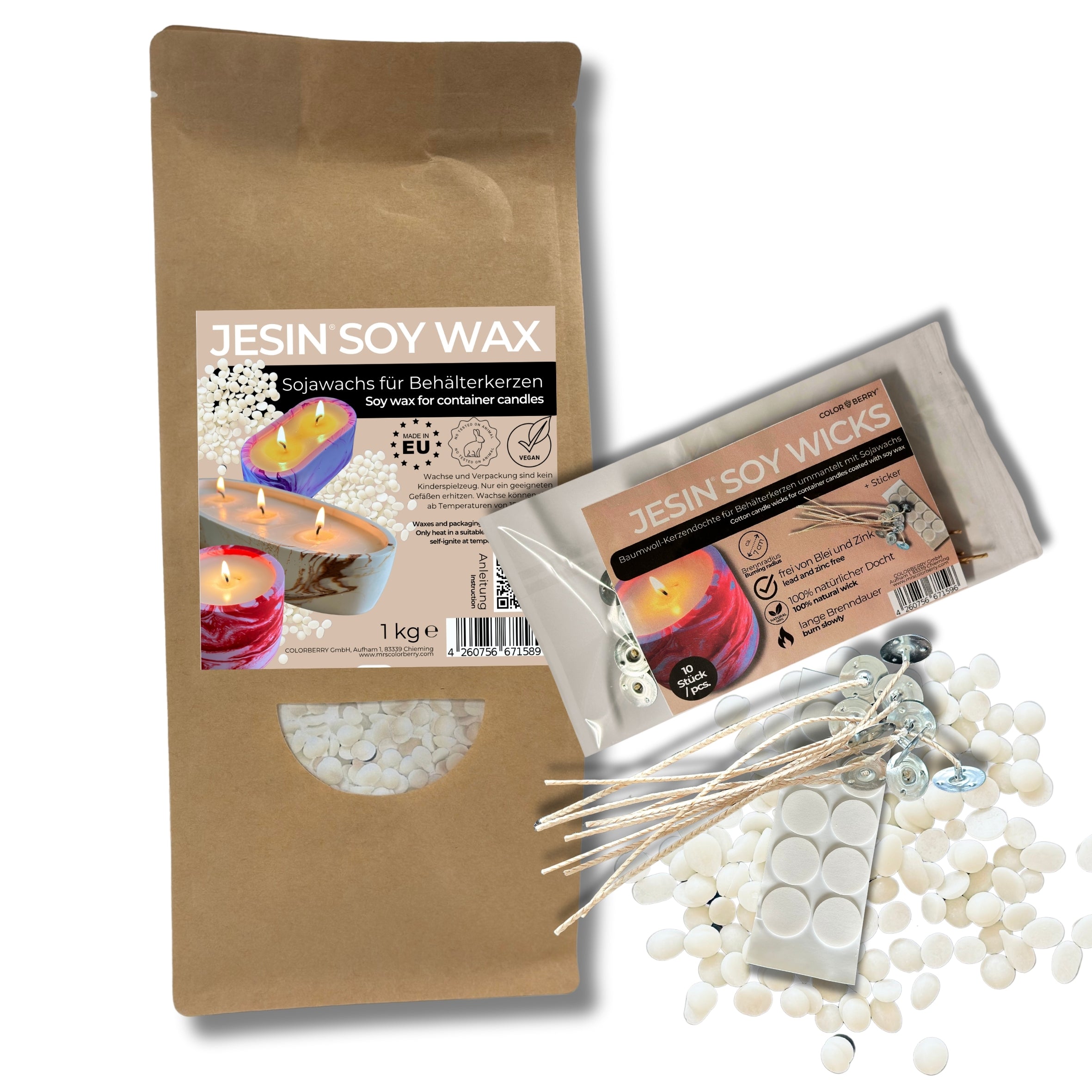 JESIN SOY SET - Wachs + Dochte für das Kerzengießen - COLORBERRY & JESIN
