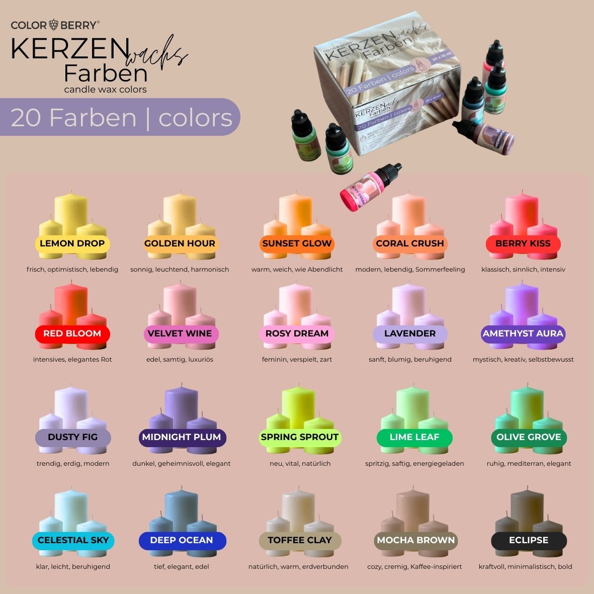 Kerzenwachs Farben 20er - Set (20 × 10 ml) - COLORBERRY &amp; JESIN