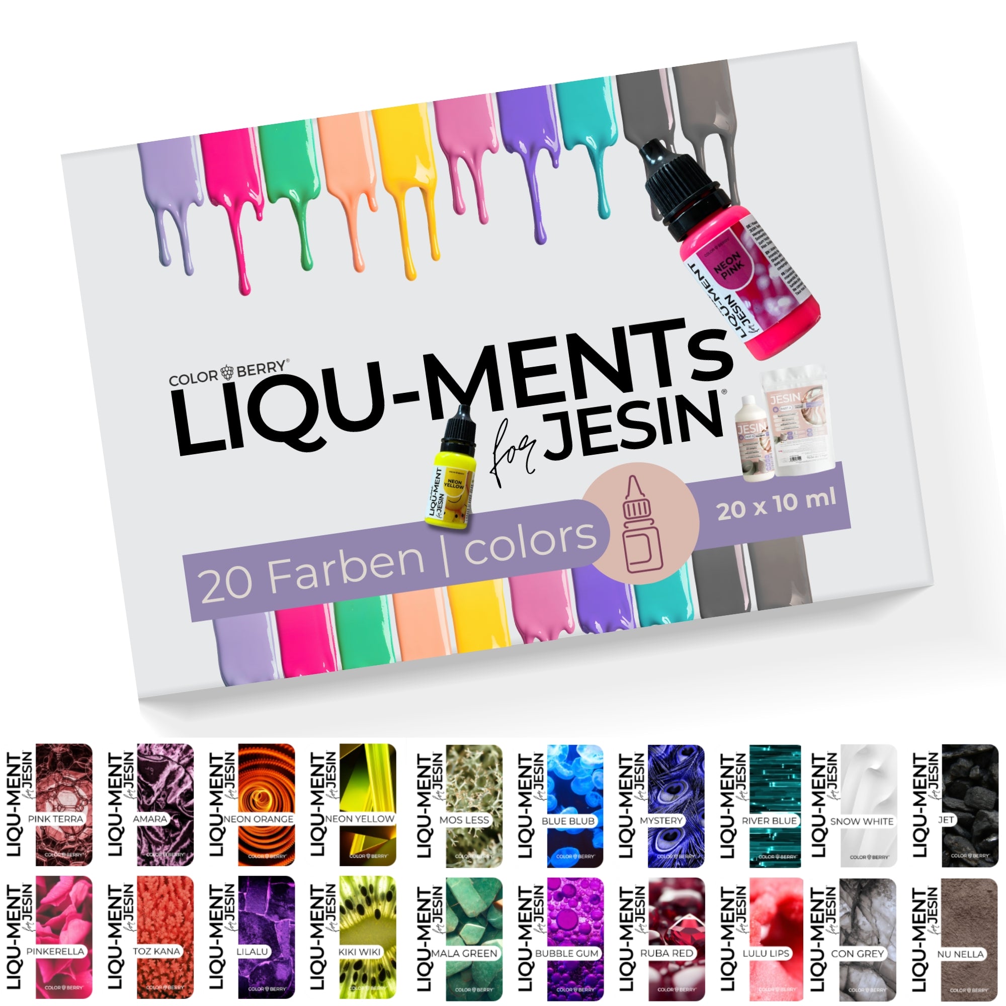 LIQU - MENTs BOX für JESIN – 20 x 10 ml Flüssigfarben Set | viele Farben auf einmal - COLORBERRY &amp; JESIN