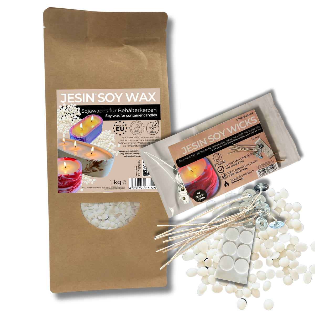 JESIN SOY SET - Wachs + Dochte für das Kerzengießen - COLORBERRY &amp; JESIN