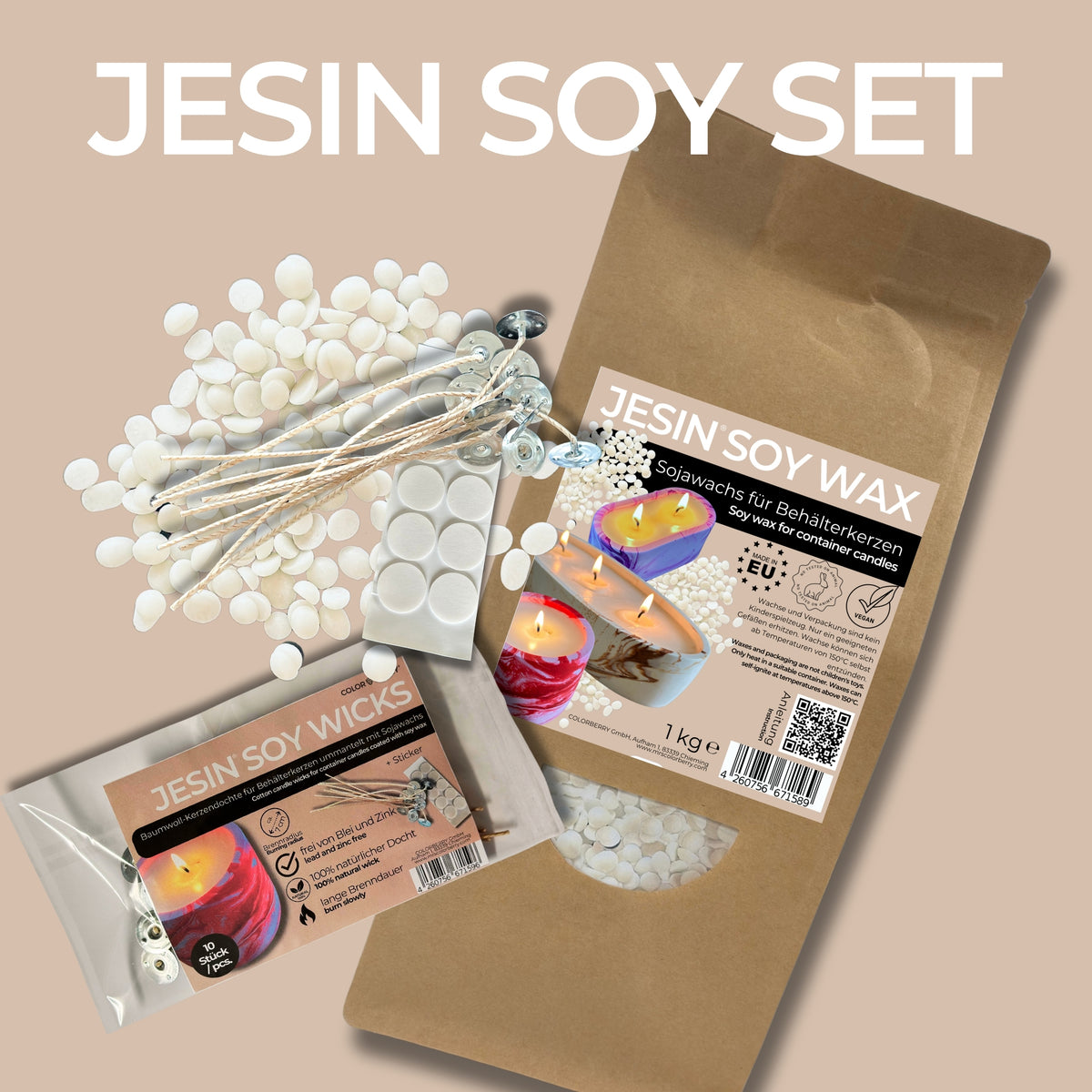 JESIN SOY SET - Wachs + Dochte für das Kerzengießen - COLORBERRY &amp; JESIN