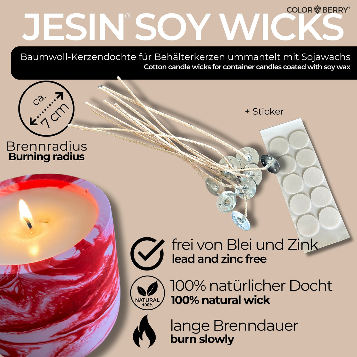 JESIN SOY WICKS - Kerzendochte - 10pc + Sticker - COLORBERRY &amp; JESIN