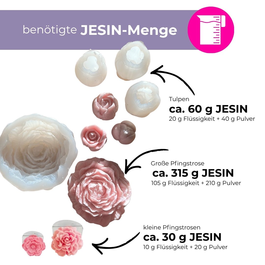 Silikonformen Set Tulpen &amp; Pfingstrosen – 9 Formen + 61 m Rolldocht | Kerzen, JESIN &amp; Seife gießen - COLORBERRY &amp; JESIN