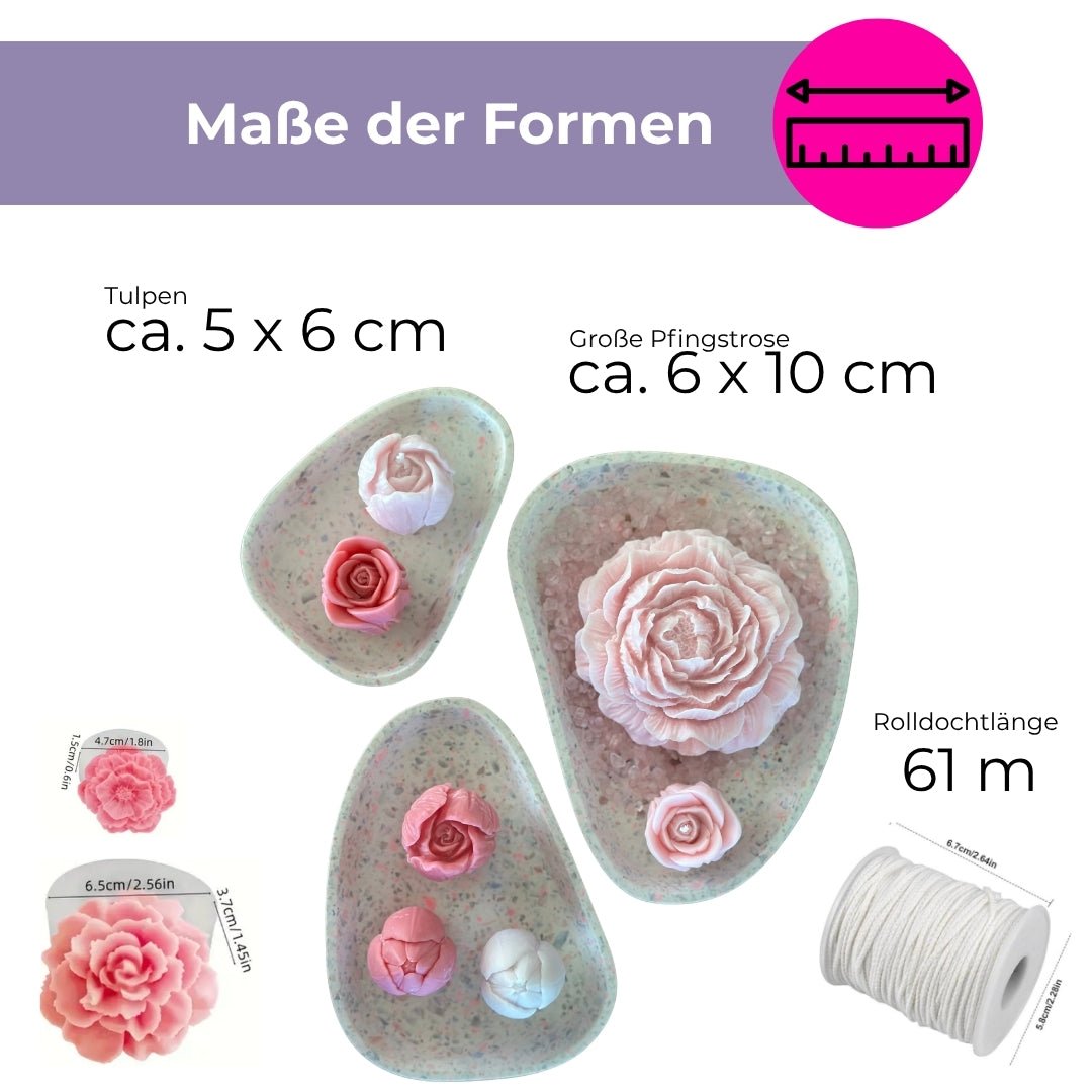 Silikonformen Set Tulpen &amp; Pfingstrosen – 9 Formen + 61 m Rolldocht | Kerzen, JESIN &amp; Seife gießen - COLORBERRY &amp; JESIN
