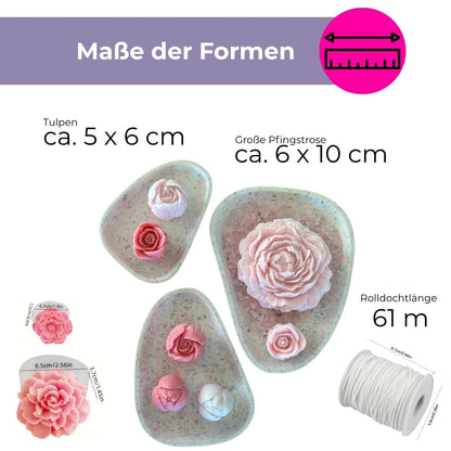 Silikonformen Set Tulpen &amp; Pfingstrosen – 9 Formen + 61 m Rolldocht | Kerzen, JESIN &amp; Seife gießen - COLORBERRY &amp; JESIN