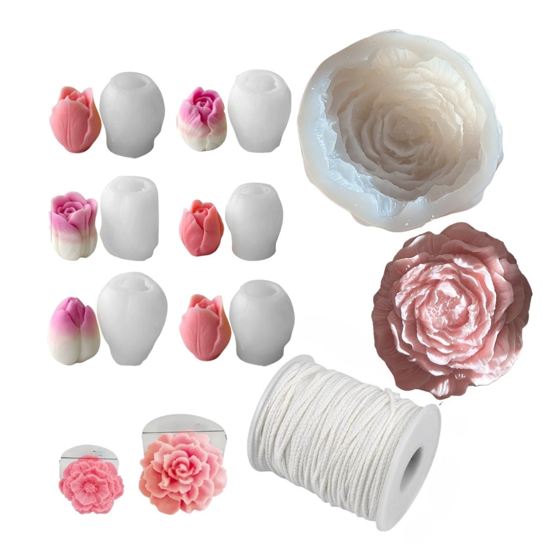Silikonformen Set Tulpen &amp; Pfingstrosen – 9 Formen + 61 m Rolldocht | Kerzen, JESIN &amp; Seife gießen - COLORBERRY &amp; JESIN